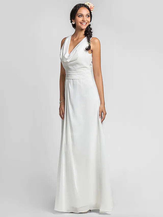 Bridesmaid Dress Cowl Neck Sleeveless Elegant Floor Length Chiffon with Ruched  Side Draping