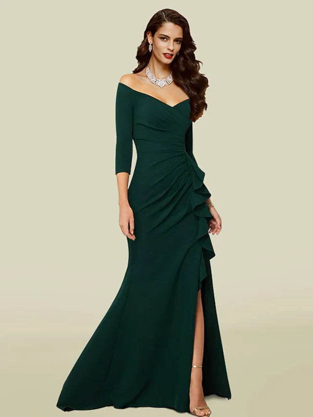 Mother of the Bride Dress Elegant Sexy V Neck Off Shoulder Court Train Stretch Fabric Length Sleeve with Draping Split Front