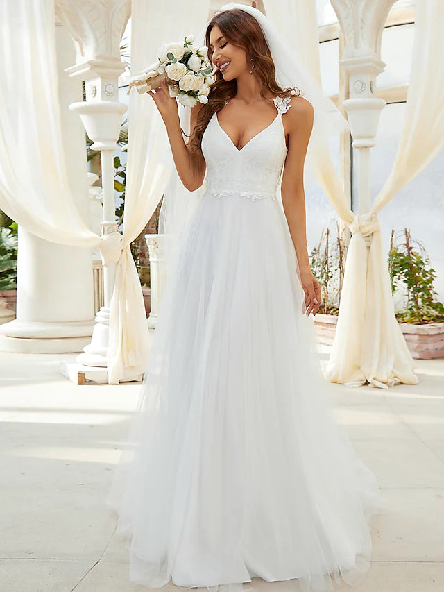 Beach Open Back Casual Wedding Dresses Floor Length A-Line Sleeveless V Wire V Neck Tulle With Crystals Appliques