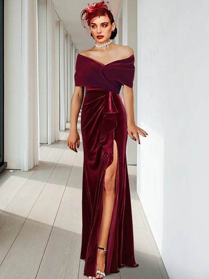 Evening Gown Elegant Dress Wedding Guest Floor Length Sleeveless V Neck Velvet with Pleats Ruffles
