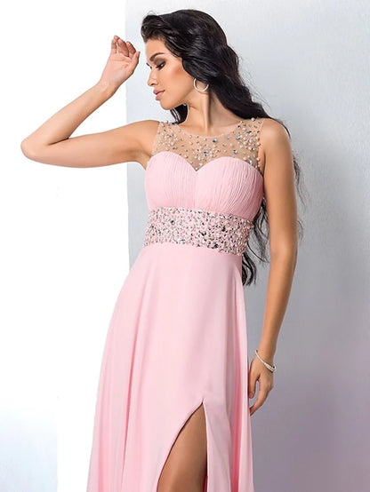 Prom Dresses Sparkle & Shine Dress Party Wear Sleeveless Jewel Neck Chiffon with Rhinestone Slit