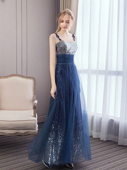 Empire Elegant Wedding Guest Prom Dress Spaghetti Strap Sleeveless Floor Length Tulle with Sequin