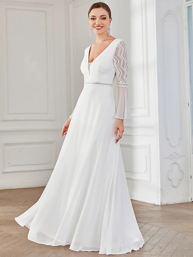 Wedding Dresses Floor Length A-Line Long Sleeve V Neck V Wire Chiffon With Lace