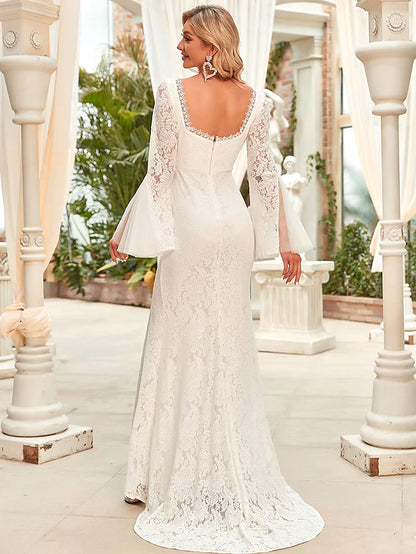 Beach Wedding Dresses  Trumpet Long Sleeve Square Neck Lace With Split Front