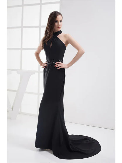 Evening Gown Elegant Dress Formal Evening Court Train Sleeveless Halter Chiffon with Beading