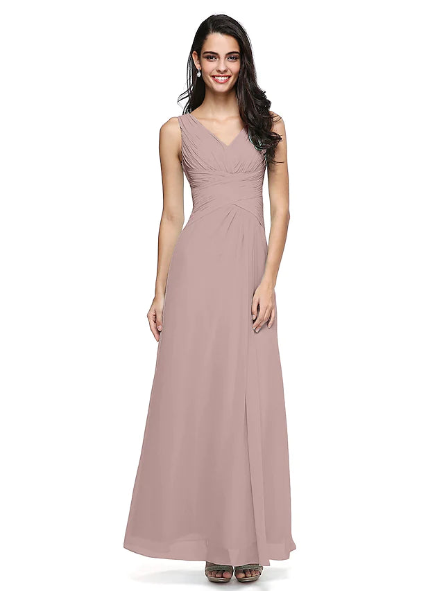 Bridesmaid Dress V Neck Sleeveless Elegant Floor Length Chiffon with Criss Cross   Side Draping