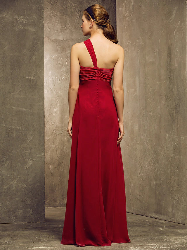 Bridesmaid Dress One Shoulder Sleeveless Elegant Floor Length Chiffon with Ruched  Ruffles  Draping