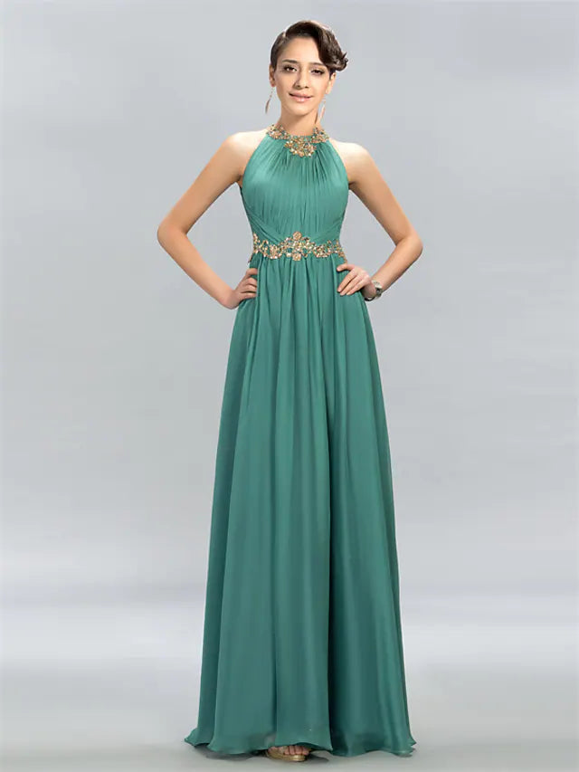 Wedding Guest Dresses Maxi Dress Party Wear Floor Length Sleeveless Halter Chiffon with Ruched Appliques