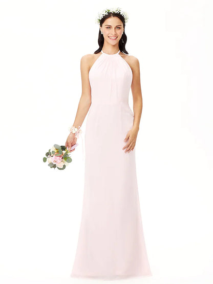 Bridesmaid Dress Jewel Neck Sleeveless Elegant Floor Length Chiffon with Pleats