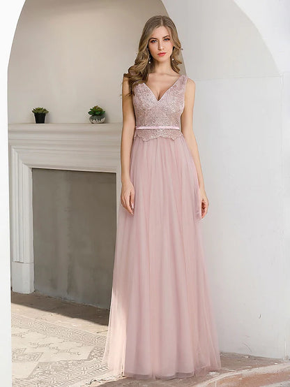 A-Line Evening Gown Elegant Dress Wedding Guest Floor Length Sleeveless V Neck Satin V Back with Sash  Ribbon Sequin