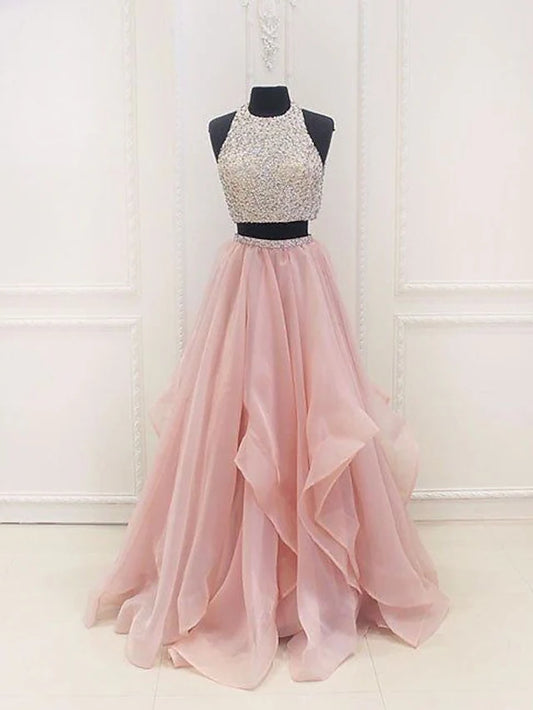 Gown Prom Dresses Sparkle & Shine Dress Party Wear Floor Length Sleeveless Halter Organza with Sequin