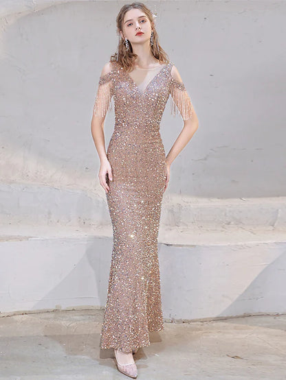 Prom Dresses Sparkle Dress Wedding Guest Floor Length Short Sleeve V Neck Sequined with Beading Sequin
