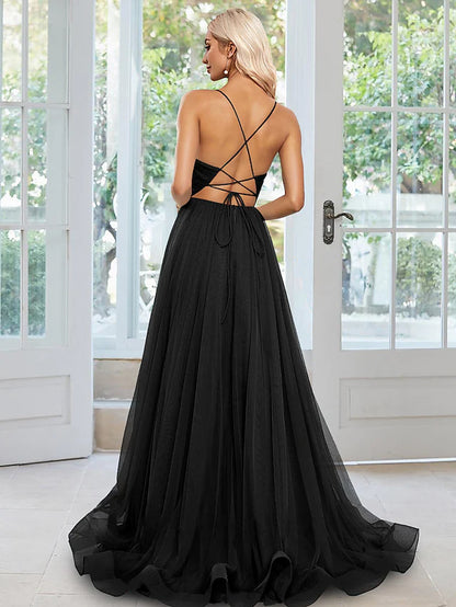 Prom Dresses Open Back Dress Party Wear  Sleeveless Spaghetti Strap Tulle with Slit