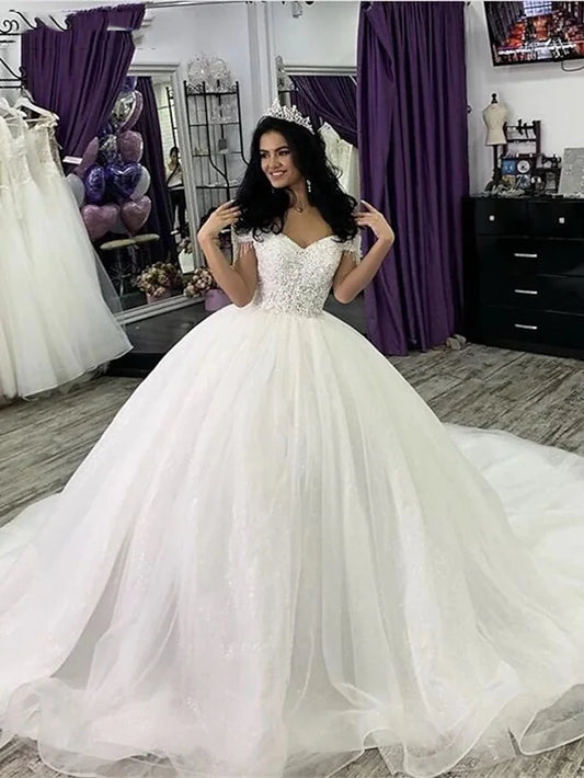 Engagement Formal Wedding Dresses Court Train Ball Gown Short Sleeve Off Shoulder Lace With Lace Appliques