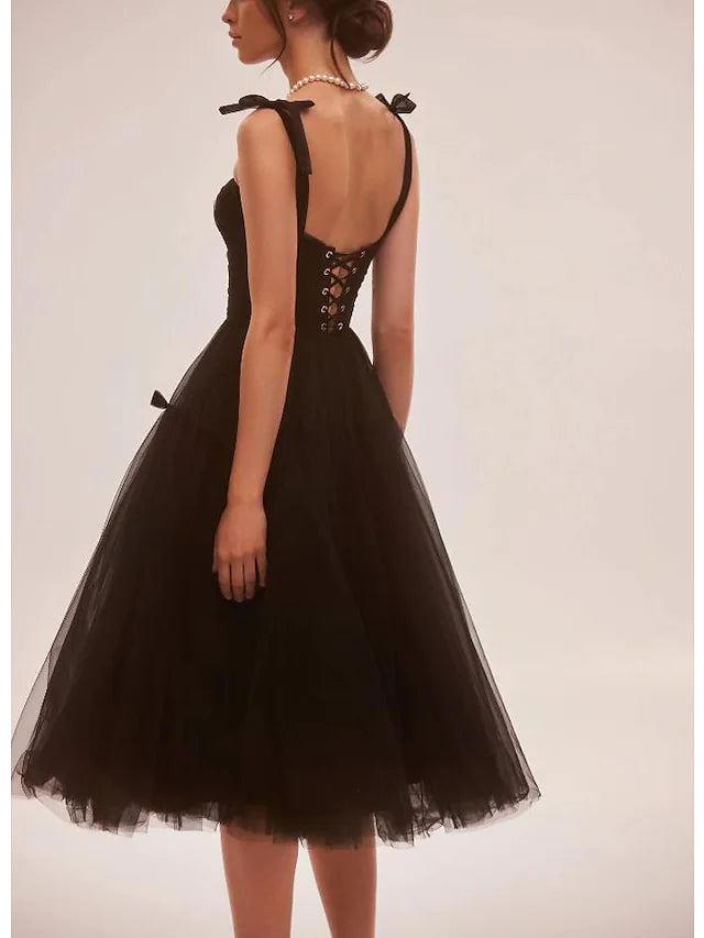 Prom Dresses Open Back Dress Quinceanera Tea Length Sleeveless Spaghetti Strap Tulle Backless with Bow(s)