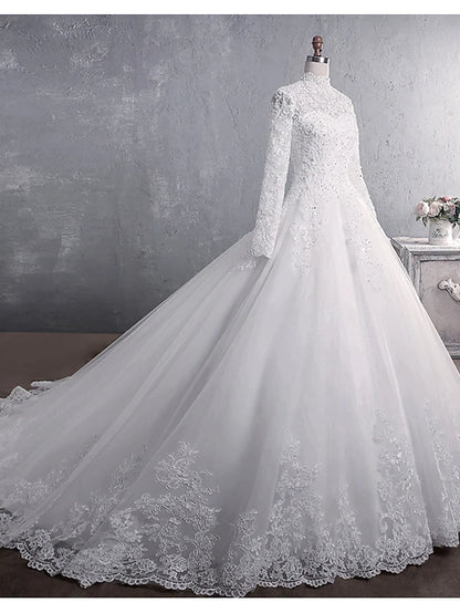 Wedding Dresses Court Train Princess Long Sleeve High Neck Lace With Appliques