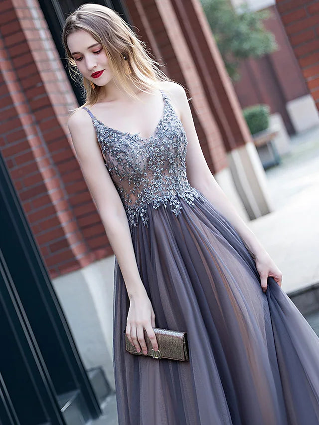 Minimalist Elegant Party Wear Prom Dress V Neck Sleeveless Floor Length Tulle with Pleats Appliques