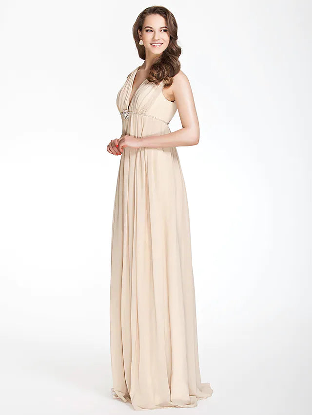 A-Line Bridesmaid Dress V Neck Sleeveless  Back Floor Length Chiffon with Pleats   Beading   Draping