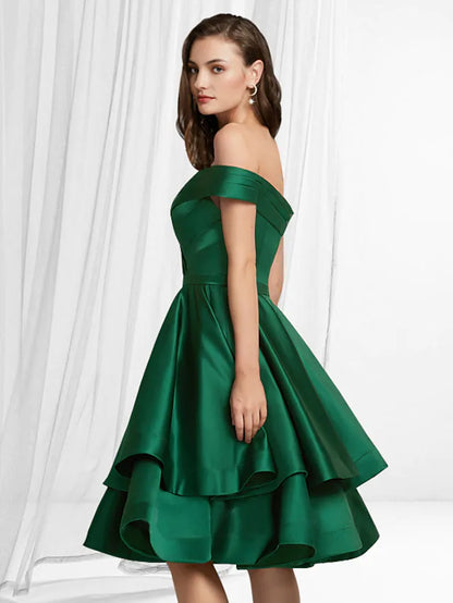 A-Line Empire Minimalist Party Wear Cocktail Party Dress Off Shoulder Sleeveless Knee Length Satin with Tier