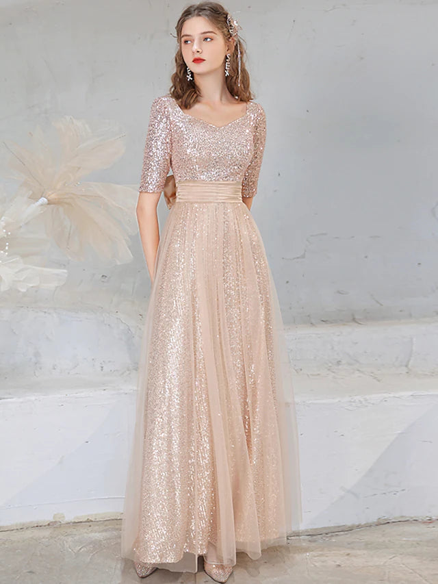 Evening Gown Sparkle Dress Wedding Guest Floor Length Half Sleeve V Neck Sequined with Bow(s) Sequin