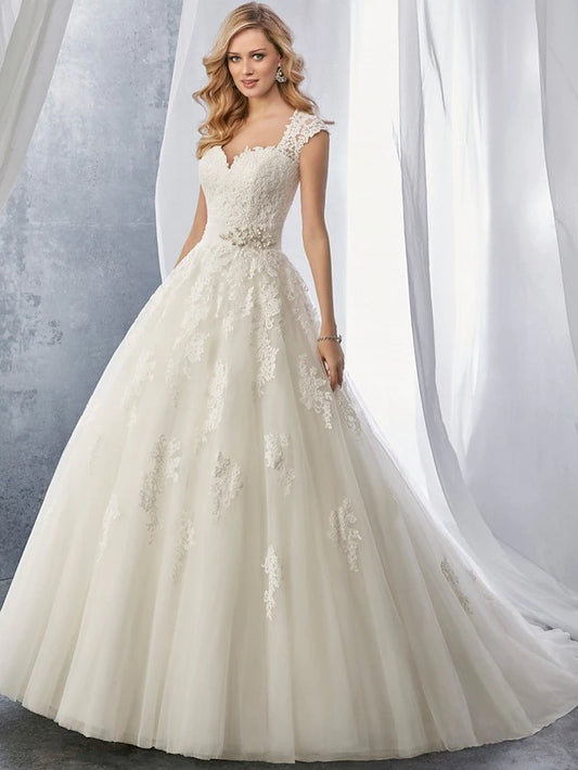 Engagement Formal Wedding Dresses Chapel Train Ball Gown Regular Straps Sweetheart Lace With Appliques