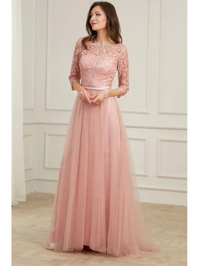 A-Line Evening Gown Spring Dress Party Wear Long Sleeve Jewel Neck Lace with Appliques