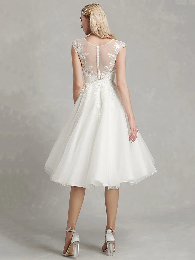 Open Back Little White Dresses Wedding Dresses Tea Length A-Line Cap Sleeve Jewel Neck Lace With Appliques
