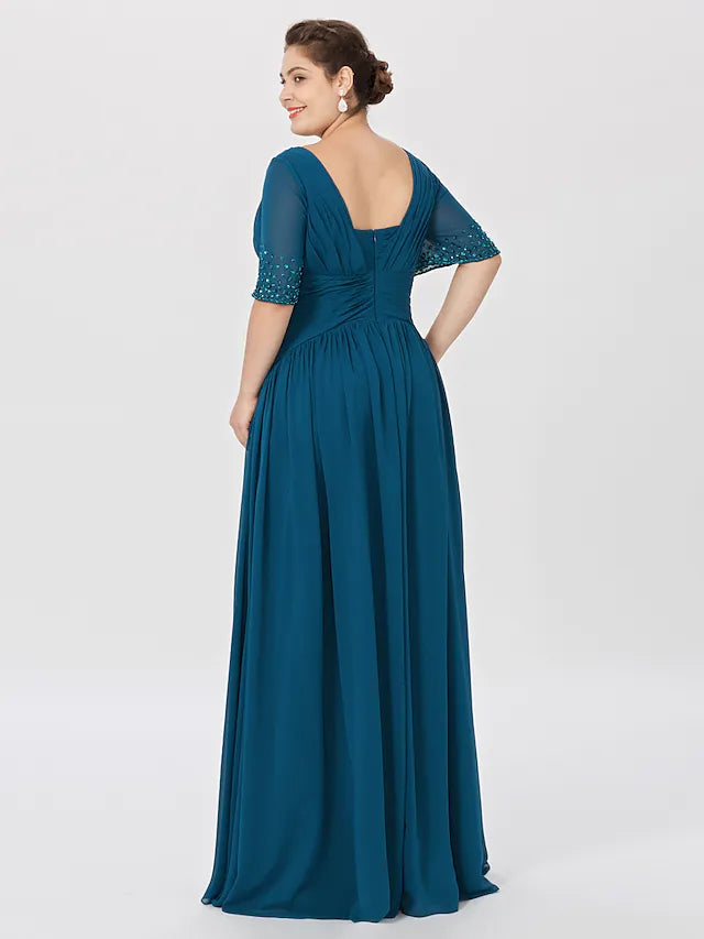 Mother of the Bride Dress Formal Classic & Timeless Elegant & Luxurious Plus Size Square Neck Floor Length Chiffon Short Sleeve No with Pleats Beading