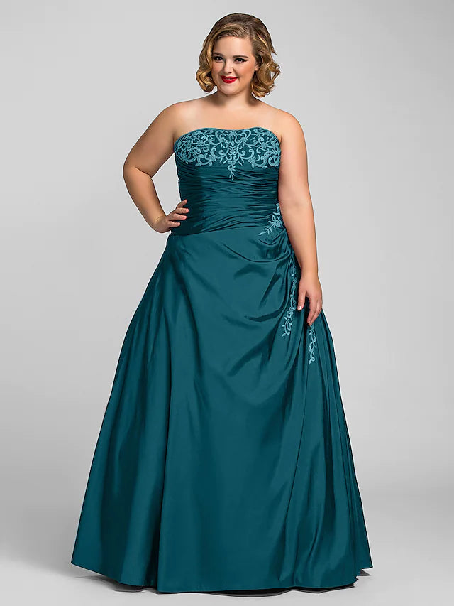 Plus Size Prom Formal Evening Dress Strapless Sleeveless Floor Length Taffeta with Beading Appliques