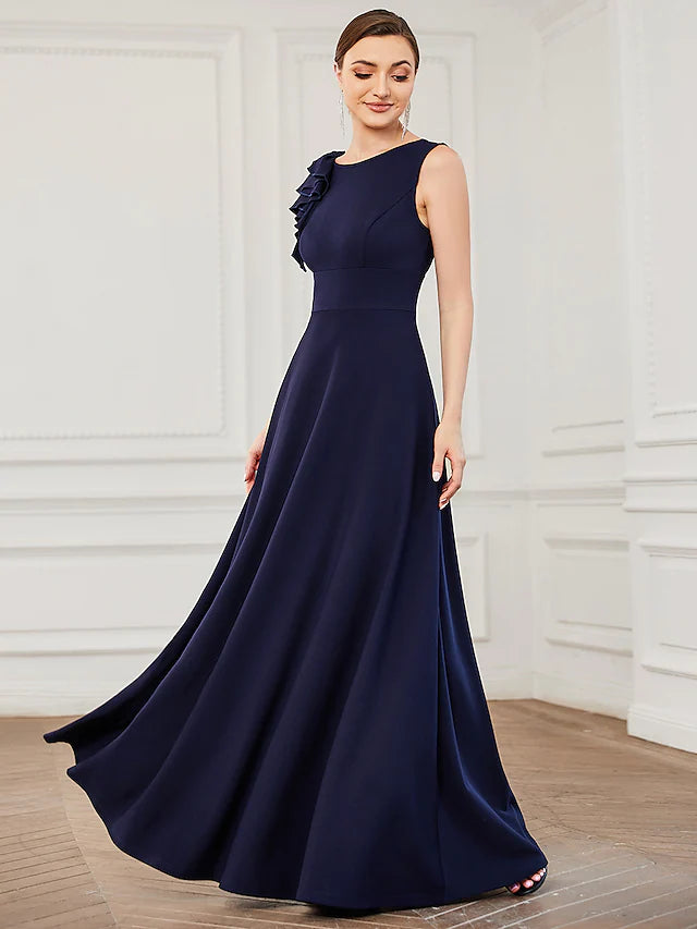 Evening Gown Plus Size Dress Formal Floor Length Sleeveless Jewel Neck Polyester with Draping Appliques Pure