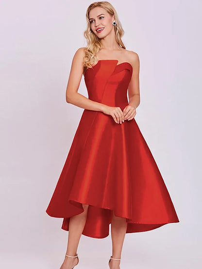 A-Line Cocktail Dresses Minimalist Dress Homecoming Tea Length Sleeveless Strapless Satin with Sleek
