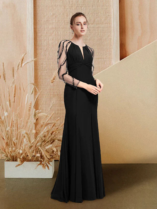 Evening Gown Luxurious Dress Prom Floor Length Long Sleeve Jewel Neck Chiffon with Pleats Sequin