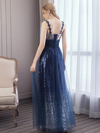 Empire Elegant Wedding Guest Prom Dress Spaghetti Strap Sleeveless Floor Length Tulle with Sequin