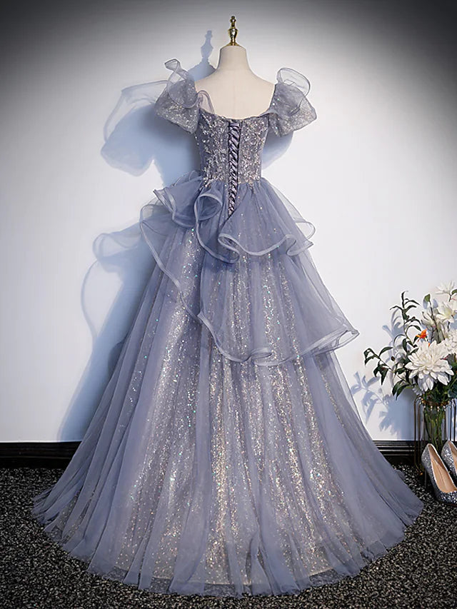 Quinceanera Dresses Princess Dress Performance Floor Length Short Sleeve Square Neck Tulle with Crystals Ruffles