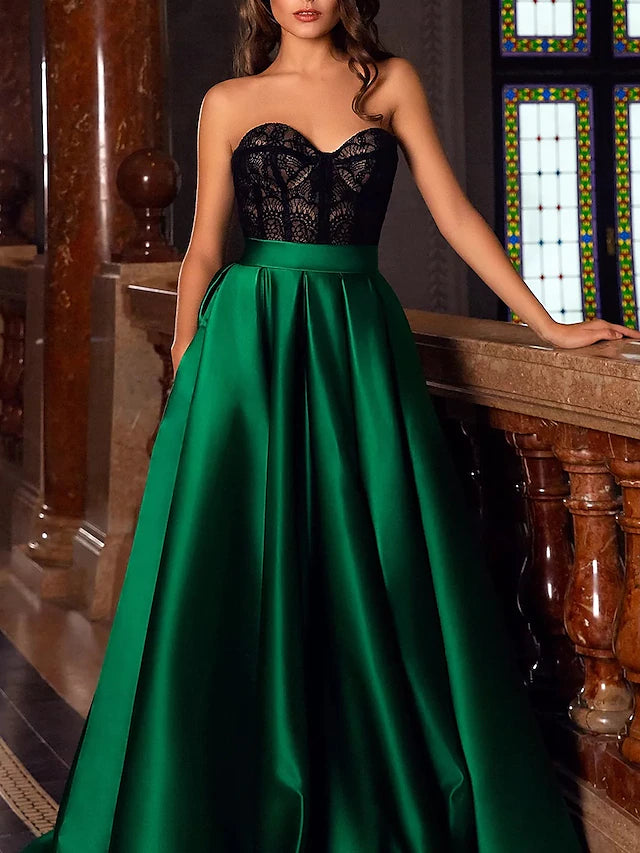 Evening Gown Vintage Dress Christmas Court Train Sleeveless Sweetheart Pocket Satin with Slit Embroidery Pocket