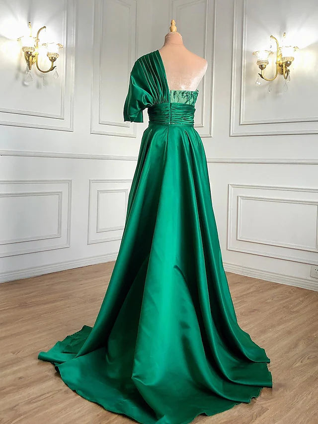 Evening Gown Luxurious Dress Formal  Sleeve One Shoulder Charmeuse with Ruched Crystals