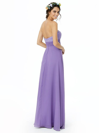 A-Line Bridesmaid Dress Sweetheart Neckline Sleeveless Open Back Floor Length Chiffon  Lace with Lace  Sash  Ribbon  Ruched