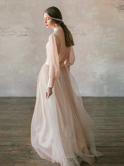 Empire Minimalist Wedding Guest Formal Evening Birthday Dress Stand Collar Long Sleeve Floor Length Chiffon with Tier