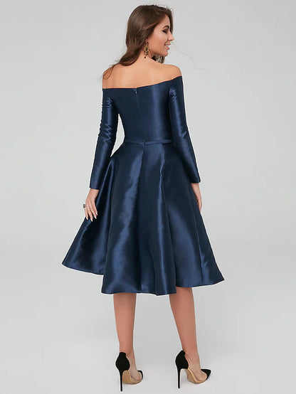 Special Occasion Dresses Party Dress Wedding Guest Knee Length Long Sleeve Off Shoulder Satin with Pleats