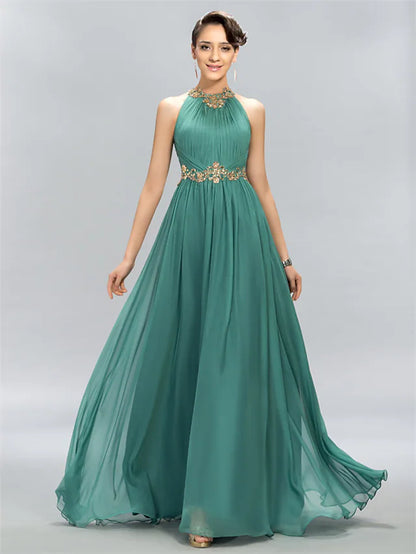A-Line Wedding Guest Dresses Maxi Dress Party Wear Floor Length Sleeveless Halter Chiffon with Ruched Appliques