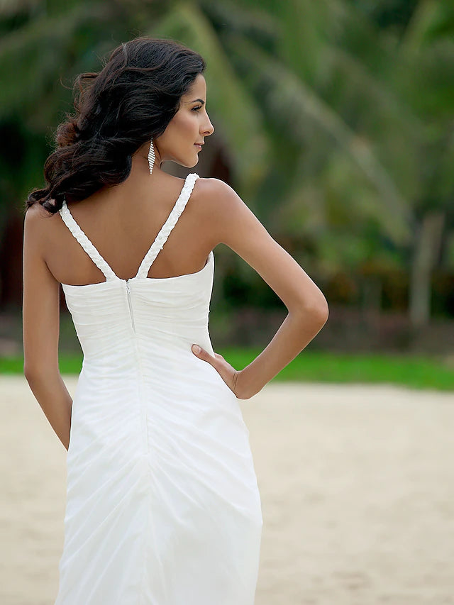 Hall Open Back Wedding Dresses Asymmetrical A-Line Spaghetti Strap V Neck Chiffon With Ruched