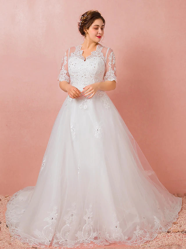 Hall Wedding Dresses Watteau A-Line Half Sleeve V Neck Satin With Lace Crystals