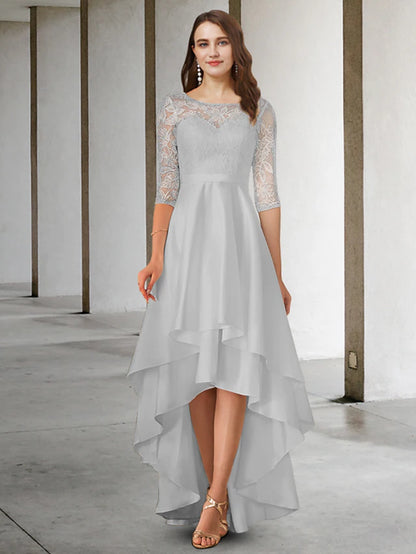 Mother of the Bride Dress Elegant High Low Jewel Neck Asymmetrical Chiffon Lace Half Sleeve with Appliques Cascading Ruffles