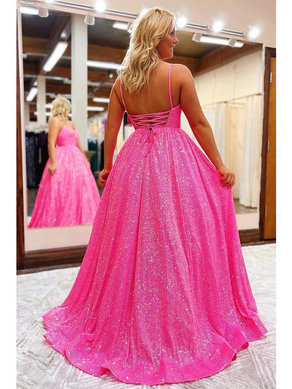 Prom Dresses Sparkle & Shine Dress Formal  Sleeveless V Neck Sequined Backless with Pleats Sequin