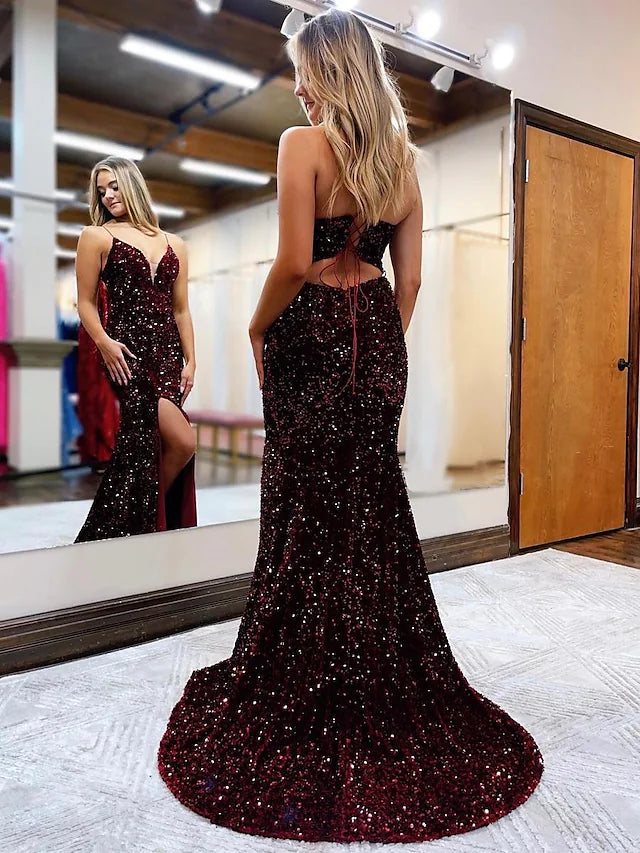 Prom Dresses Sparkle & Shine Dress Formal Court Train Sleeveless V Neck Sequined Backless with Sequin Slit