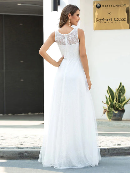 Beach Wedding Dresses Floor Length A-Line Sleeveless Jewel Neck Lace With Lace