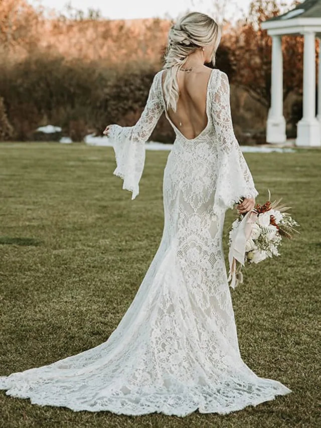 Wedding Dresses Chapel Long Sleeve V Neck Lace With Appliques