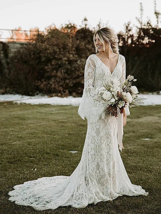 Wedding Dresses Chapel Long Sleeve V Neck Lace With Appliques
