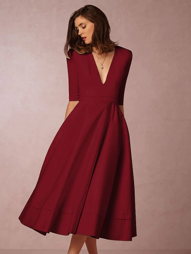 A-Line Special Occasion Dresses Party Dress Holiday Tea Length Half Sleeve V Neck Pocket Jersey with Pleats