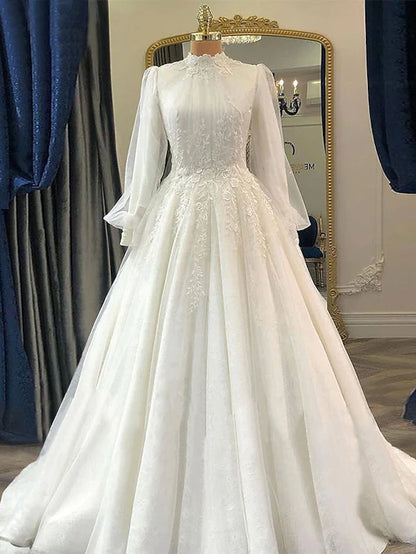 Wedding Dresses Chapel Train Princess Long Sleeve High Neck Lace With Pleats Appliques